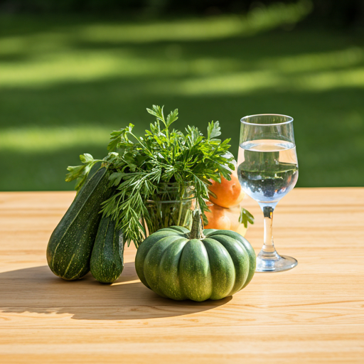 Composition artistique de légumes verts frais, herbes et verre d'eau.